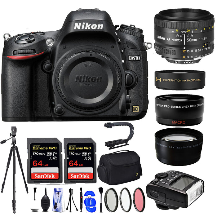 Nikon D610 DSLR Camera with Nikon 50mm 1.8D & 2x Sandisk 64GB Memory cards, Tripod, Case, Flash & More Bundle