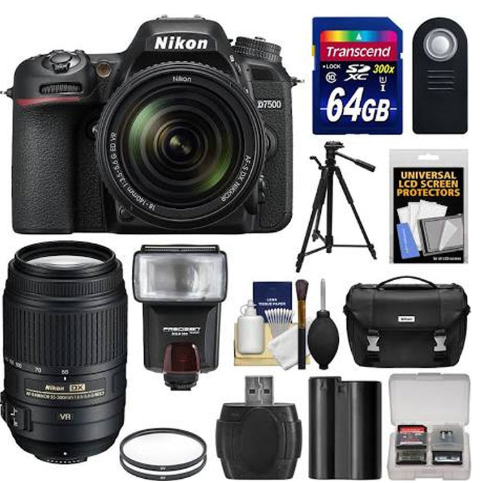 Nikon D7500 Wi-Fi 4K Digital SLR Camera with 18-140mm & 55-300mm VR DX Lens + 64GB Card + Battery + Case + Tripod + Flash + Filters + Kit
