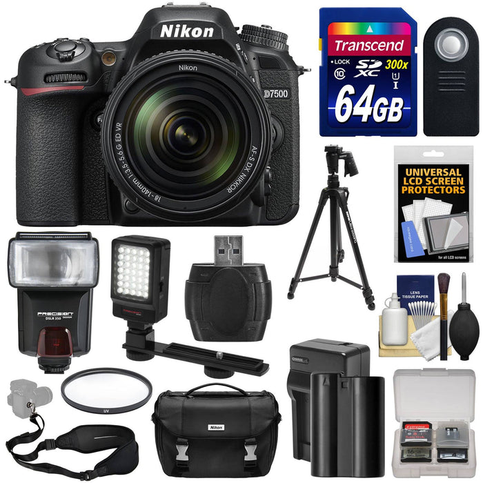 Nikon D7500 4K Digital SLR Camera & 18-140mm VR Lens with 64GB Card, Battery & Charger, Case, Tripod, Flash, LED Video Light Kit