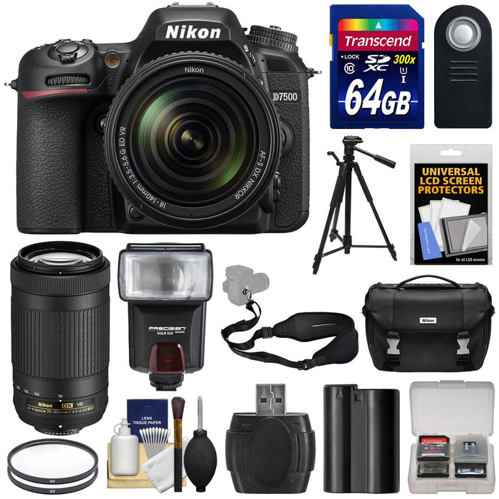 Nikon D7500 4K Digital SLR Camera with 18-140mm VR & 70-300mm VR DX AF-P Lens + 64GB Card + Battery + Case + More