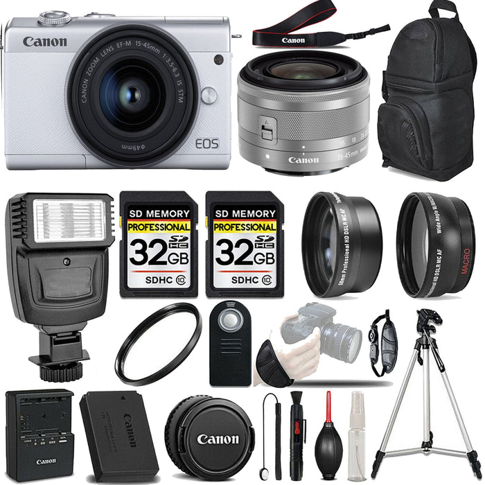 Canon EOS M200 Mirrorless Digital Camera with 15-45mm Lens (White) & Sandisk 64GB Pro Flash Bundle