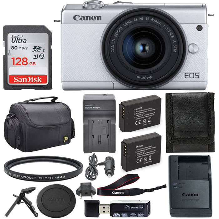 Canon EOS M200 Mirrorless Digital Camera with 15-45mm Lens (White) & Sandisk 128GB Memory Card & Additional Accessories Package