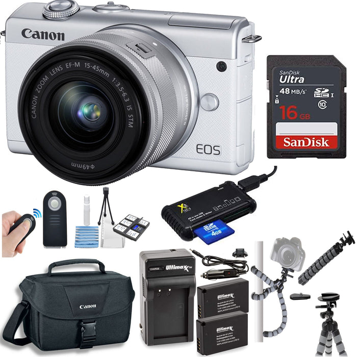 Canon EOS M200 Mirrorless Digital Camera with 15-45mm Lens (White) & Sandisk 16GB | 2x Extra Batteries | Canon Case & More