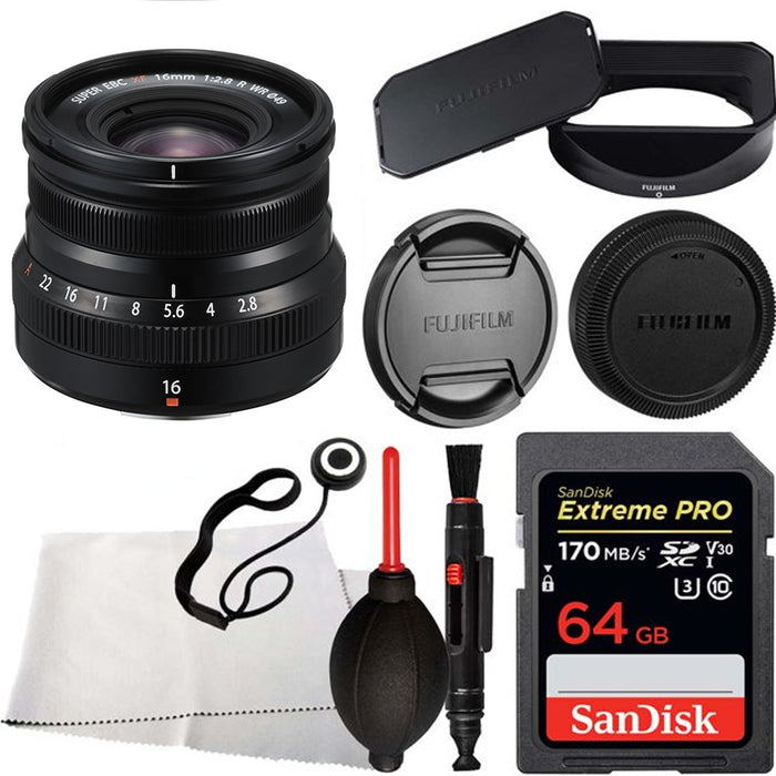 FUJIFILM XF 16mm f/2.8 R WR Lens (Black) with Starter Accessory Bundle: 64gb Memory Card, Fugifilm Lens Hood & Cleaning Kit