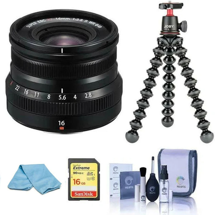 FUJIFILM XF 16mm f/2.8 R WR Lens (Black) with Joby Tripod and Memory Card