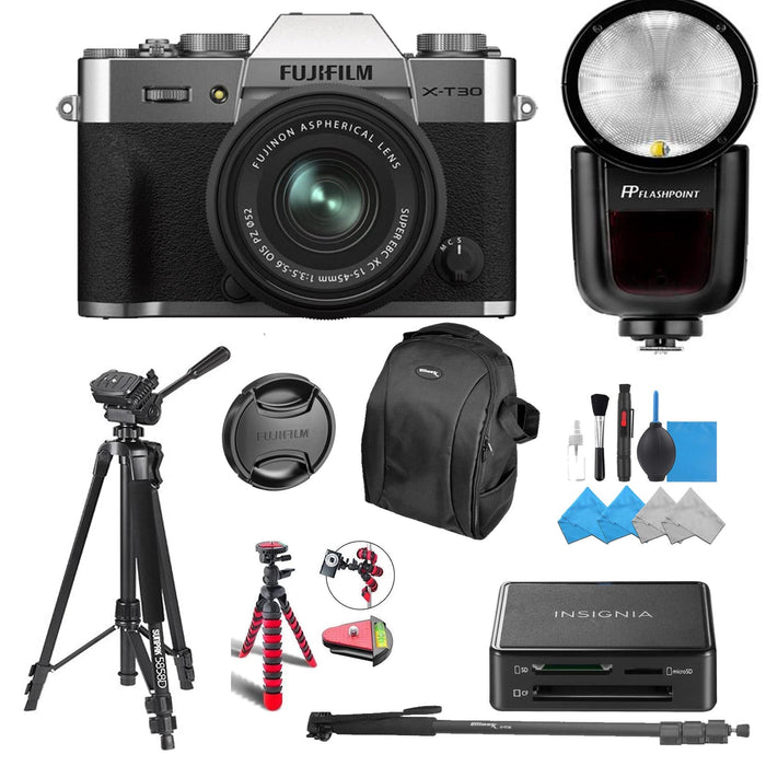 FUJIFILM X-T30 II Mirrorless Camera with 15-45mm Lens With Flash Point & Insignia Professional Card Reader