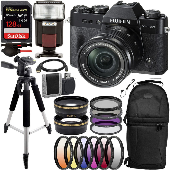 Fujifilm X-T20 Mirrorless Digital Camera with 16-50mm Lens Deluxe Accessory Bundle Includes: SanDisk Extreme PRO 128GB, Flash, Tripod & More