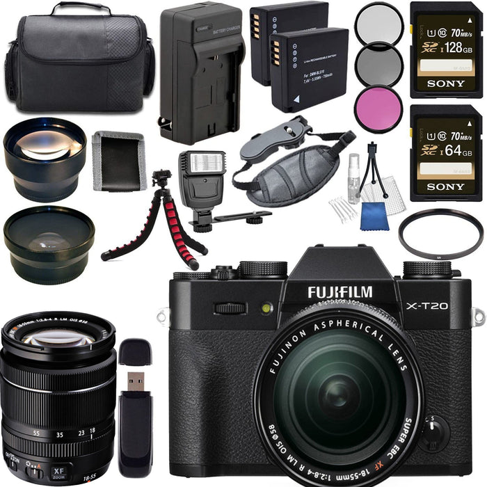 Fujifilm X-T20 Mirrorless Digital Camera with 18-55mm Lens (Black) & NP-W126 Battery + Charger + Case + Tripod + Flash Bundle