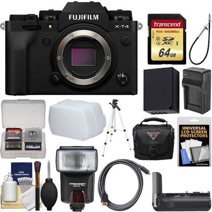 FUJIFILM X-T4 Mirrorless Digital Camera (Body Only, Black) + 64GB Card + Case + Flash + Diffuser + Battery & Charger + Tripod + Kit