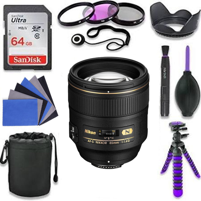 Nikon AF-S NIKKOR 85mm f/1.4G Lens W/64GB & Microfiber Coat Camera