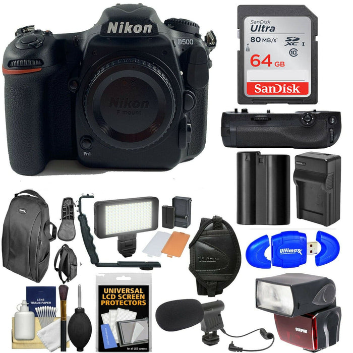 Nikon D500 Wi-Fi 4K Digital SLR Camera Body with 64GB Card + Backpack + Flash + LED Light + Mic + Battery & Charger + Grip + Kit