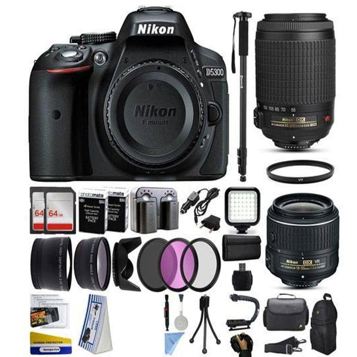 Nikon D5300/D5600 DSLR Digital Camera with AF-P 18-55mm VR | 55-200mm VR Lens |128GB MC | Case | Battery | Charger & More
