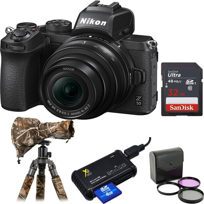 Nikon Z50 Mirrorless Digital Camera with 16-50mm with Rain Protection | Sandisk 32GB Memory Card & Card Reader | Filter Kit Bundle