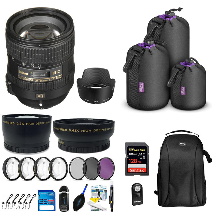 Nikon AF-S NIKKOR 24-85mm f/3.5-4.5G ED VR Lens W/Professional Pouch Set & More