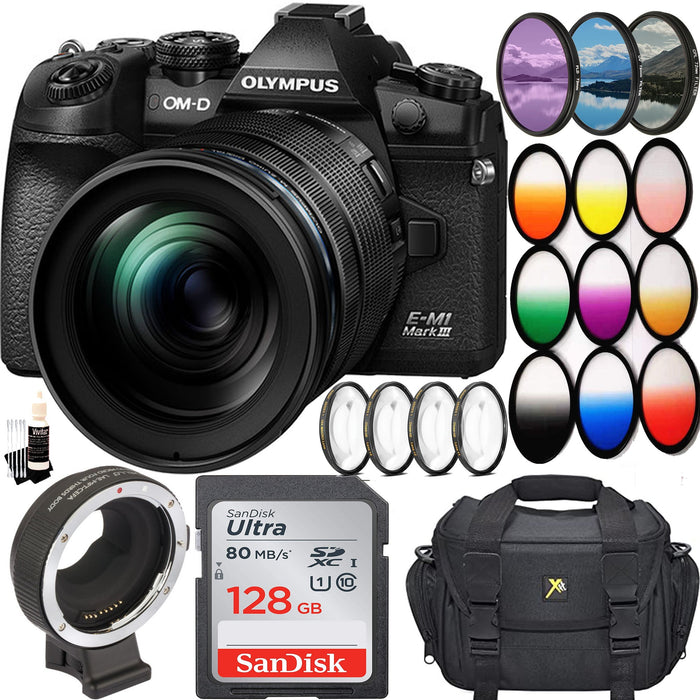 Olympus OM-D E-M1 Mark III Mirrorless Digital Camera & 12-100mm Lens with Sandisk 128GB Deluxe Filters & More Bundle