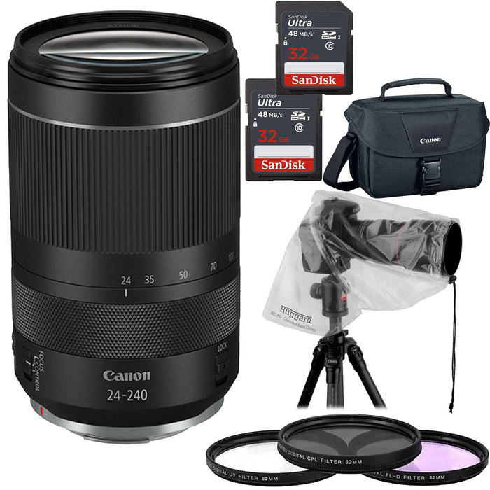 Canon RF 24-240mm f/4-6.3 IS USM Lens with 2x 32GB MCs | Filter kit | Canon Case & Lens Rain Protection