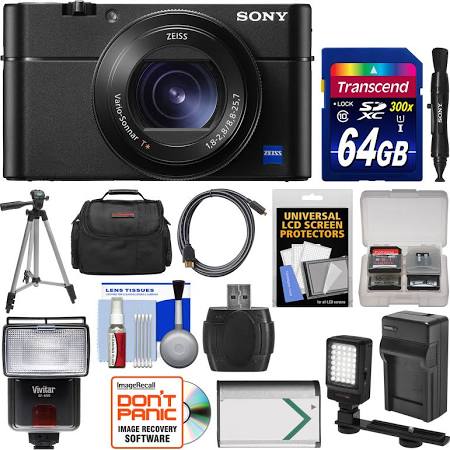 Sony Cyber-Shot DSC-RX100 V 4K Wi-Fi Digital Camera with 64GB Card + Case + Flash + Video Light + Battery & Charger + Tripod + Kit