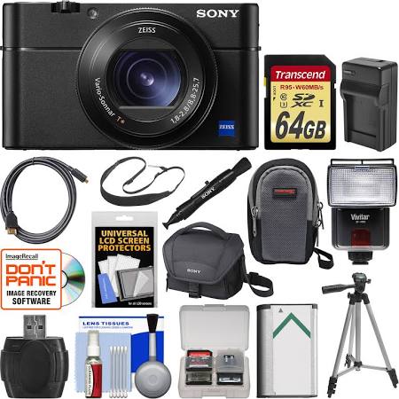 Sony Cyber-Shot DSC-RX100 V 4K Wi-Fi Digital Camera with 64GB Card + Case + Flash + Battery & Charger + Tripod + Strap + Kit