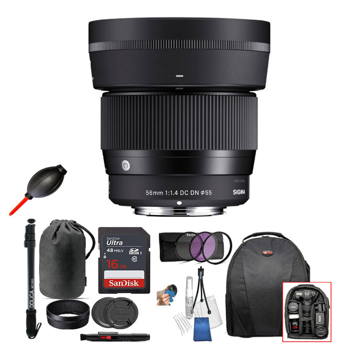 Sigma 56mm f/1.4 DC DN Contemporary Lens for Canon EF-M w/ 16GB SD Card & Monopod Bundle