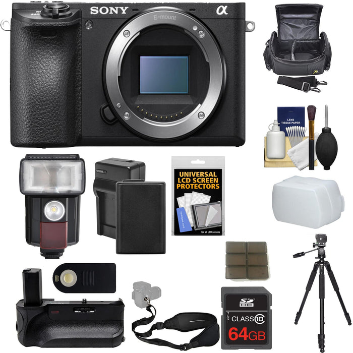 Sony Alpha a6500 4K Wi-Fi Digital Camera Body with 64GB Card + Battery & Charger + Grip + Case + Strap + Tripod + Flash/LED Light + Kit