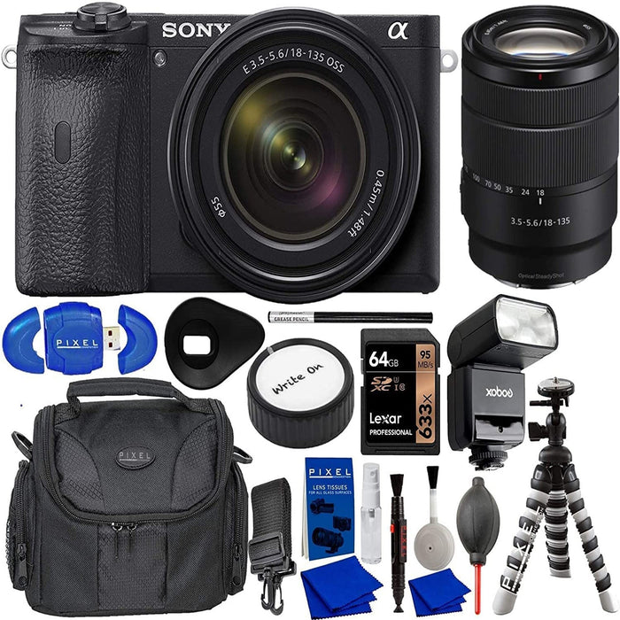 Sony Alpha a6600 Mirrorless Camera with 18-135mm Lens w/ Flash, 64GB Memory Card, Gadget Bag, Tripod, & More
