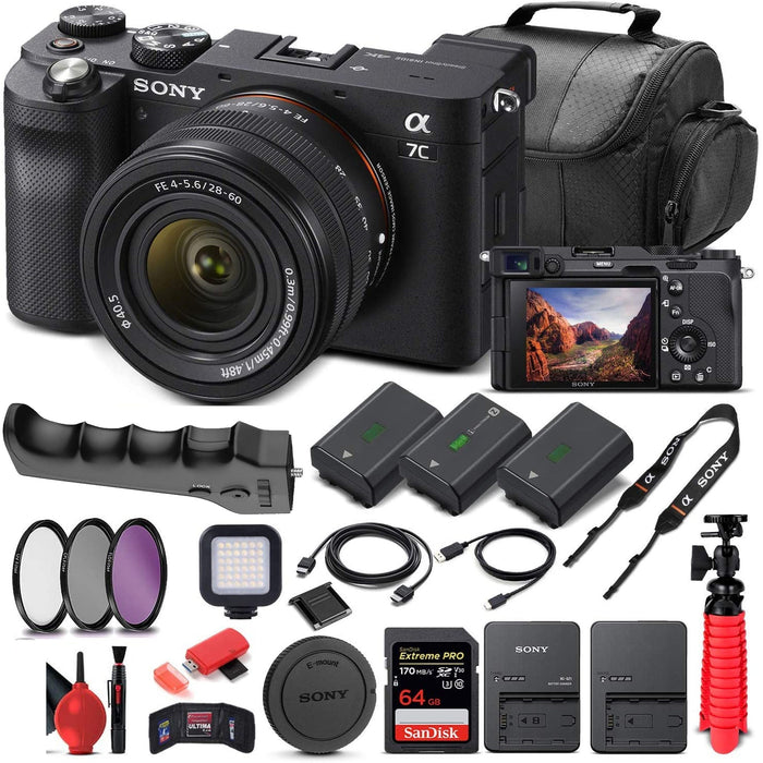 Sony Alpha a7C Mirrorless Digital Camera with 28-60mm Lens |64GB Memory Card | 2x NP-FZ-100 Battery| Case + External Charger | Card Reader & More