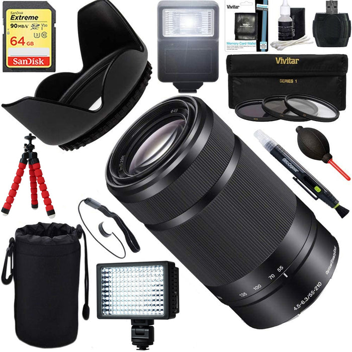 Sony E 55-210mm f/4.5-6.3 OSS E-Mount Lens (Black) with 64GB Extreme Sandisk Memory Card, Filter Kit, Led light & Flash Photography Bundle