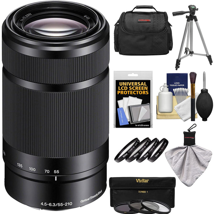 Sony E 55-210mm f/4.5-6.3 OSS E-Mount Lens OSS (Black) with filter kit, close-up kit, casa & tripod Bundle