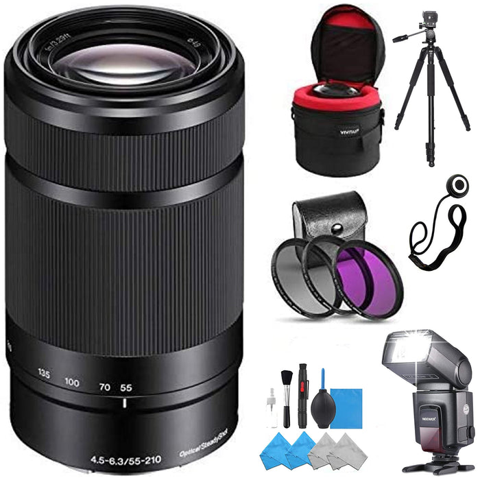 Sony E 55-210mm f/4.5-6.3 OSS E-Mount Lens OSS (Black) with Filter Kit, Flash Light, Full Size Tripod, Cap keeper, Cleaning kit & Len Case Bundle