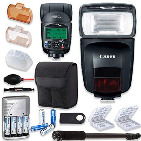 Canon Speedlite 470EX-AI Flash + Canon Case + Monopod + Rechargeable Batteries & Charger + 2x Battery Case + Accessory Bundle