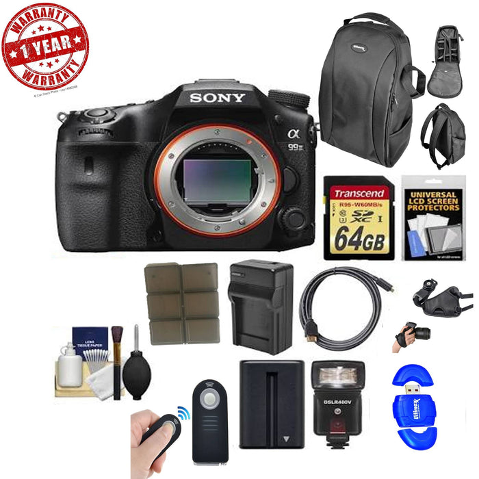 Sony Alpha A99 II Full Frame 4K Wi-Fi Digital SLR Camera Body with 64GB Card + Backpack + Flash + Battery & Charger + Remote + Diffuser + Kit