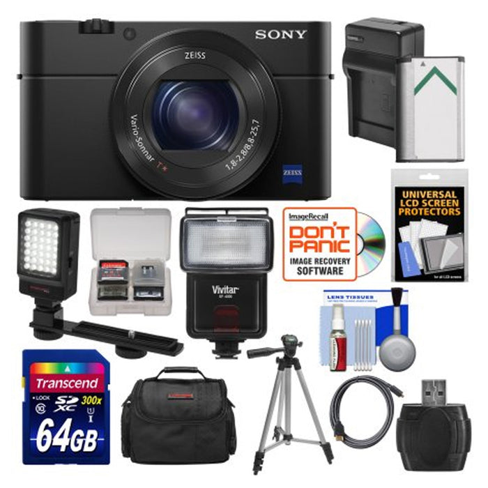 Sony Cyber-Shot DSC-RX100 IV 4K Wi-Fi Digital Camera with 64GB Card + Battery & Charger + Case + Tripod + Flash + LED Video Light + Kit