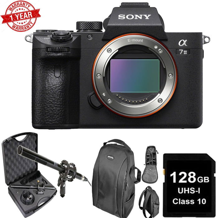 Sony Alpha a7 III Mirrorless Digital Camera (Body Only) USA w/ 128GB MC | DSLR Backpack & Microphone Kit Bundle