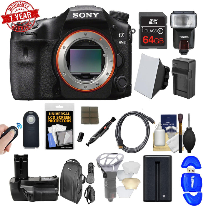 Sony Alpha A99 II Full Frame 4K Wi-Fi Digital SLR Camera Body with 64GB Card + Backpack + Flash + Battery & Charger + Grip + Remote + Kit