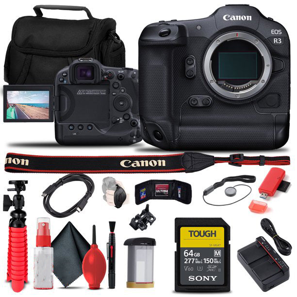 Canon EOS R3 Mirrorless Camera (Body Only) + Sony 64GB TOUGH SD Card + Card Reader + Case + Flex Tripod + Hand Strap + Cap Keeper + Memory Wallet + Cleaning Kit