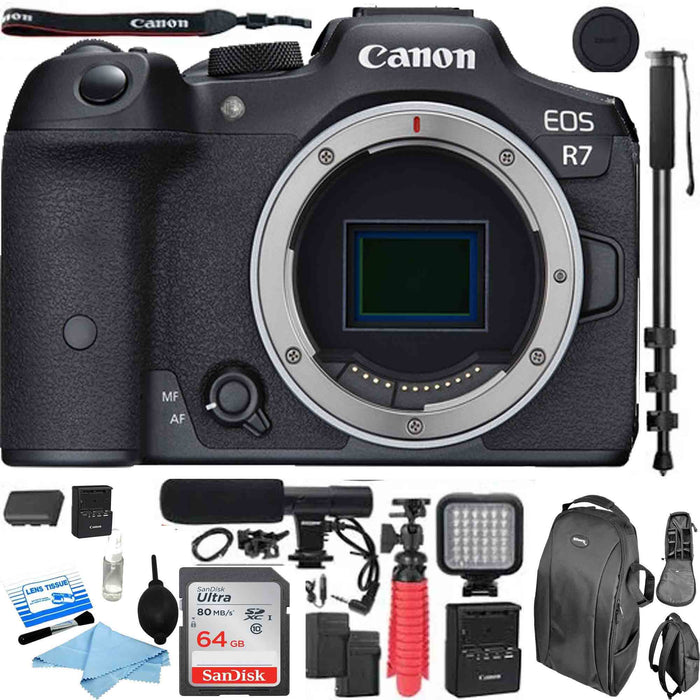 Canon EOS R7 Mirrorless Digital Camera (Body Only) with Microphone | LED Light | Monopod | Backpack & More Bundle