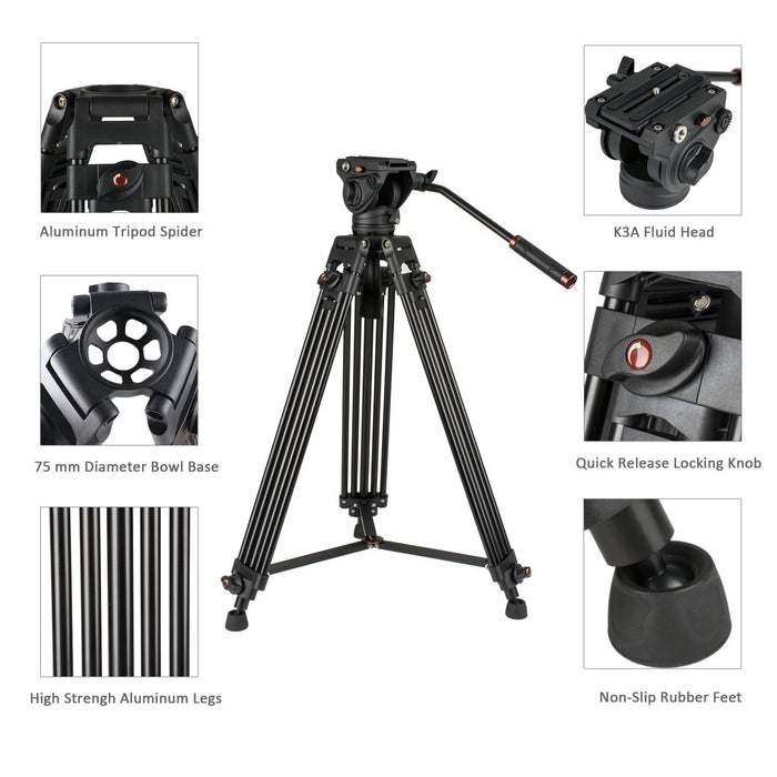 Heavy Duty Video Tripod, Cayer 64 Inch BV30-Camcorder Tripod System Aluminum Leg