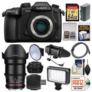 Panasonic Lumix DC-GH5 Wi-Fi 4K Digital Camera Body with 35mm T/1.5 Cine Lens + 64GB Card + Case + LED Light & Diffuser + Microphone + Kit