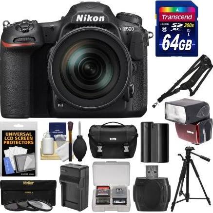 Nikon D500 Wi-Fi 4K Digital SLR Camera & 16-80mm VR Lens with 64GB Card + Case + Flash + Battery & Charger + Tripod + 3 Filters + Kit, Black