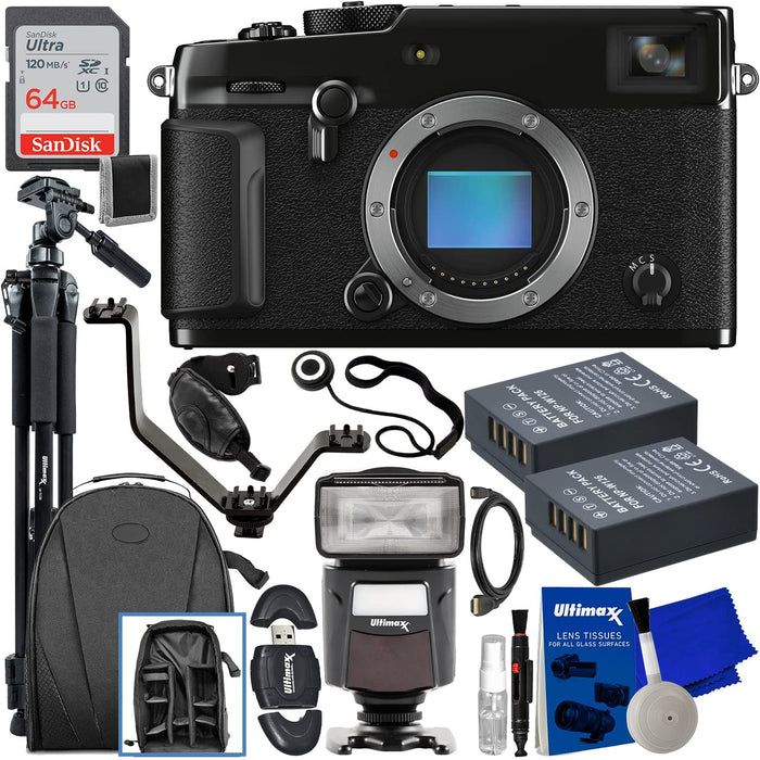 Fujifilm X-Pro3 Mirrorless Camera (Body Only, Black) + SanDisk 64GB Ultra SDXC Memory Card, V-Shaped Flash Bracket With 3 Cold Shoes, 2X Replacement Batteries & Much More