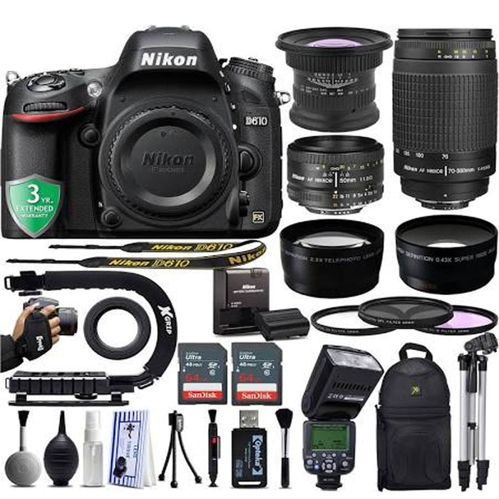 Nikon D610 DSLR Camera with Nikon 50mm 1.8D, Nikon 70-300mm G & 15mm f/4 LD UNC Macro Wide Angle Lens Supreme Bundle