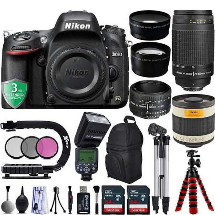 Nikon D610 DSLR Camera with Nikon 50mm 1.8D, Nikon 70-300mm G & 500mm f/6.3 HD Telephoto Mirror Lens Mega Bundle