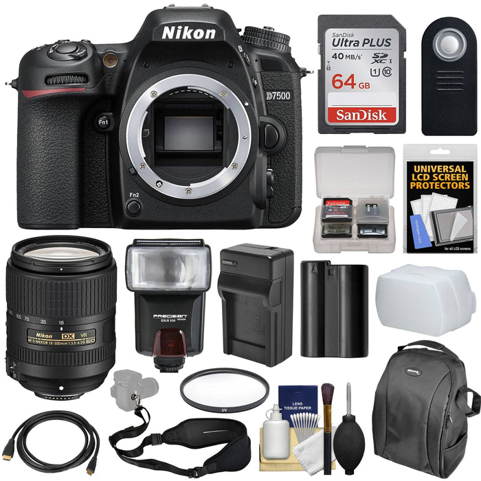 Nikon D7500 Wi-Fi 4K Digital SLR Camera Body with 18-300mm VR Lens + 64GB Card + Battery & Charger + Backpack + Strap + Flash + Kit