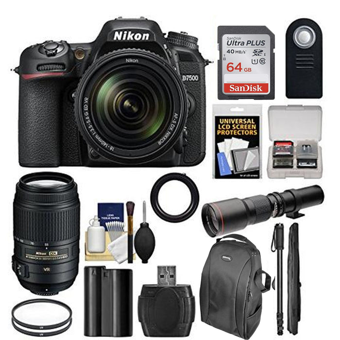 Nikon D7500 4K Digital SLR Camera w/ 18-140mm & 55-300mm VR DX Lens + 500mm Telephoto Lens + 64GB Card + Battery + Backpack + Monopod + Kit