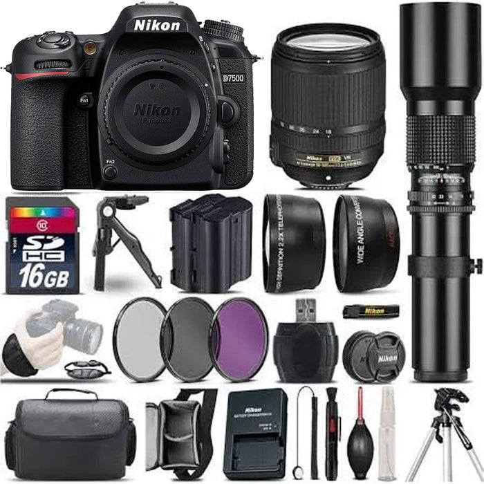 Nikon D7500 DSLR Camera with 18-140mm Lens & 500mm Preset Lens | Spare Battery Bundle