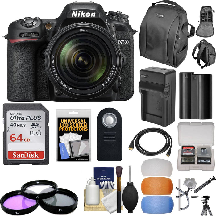 Nikon D7500 Wi-Fi 4K Digital SLR Camera & 18-140mm VR DX Lens with 64GB Card + Battery & Charger + Backpack + Filter + Kit