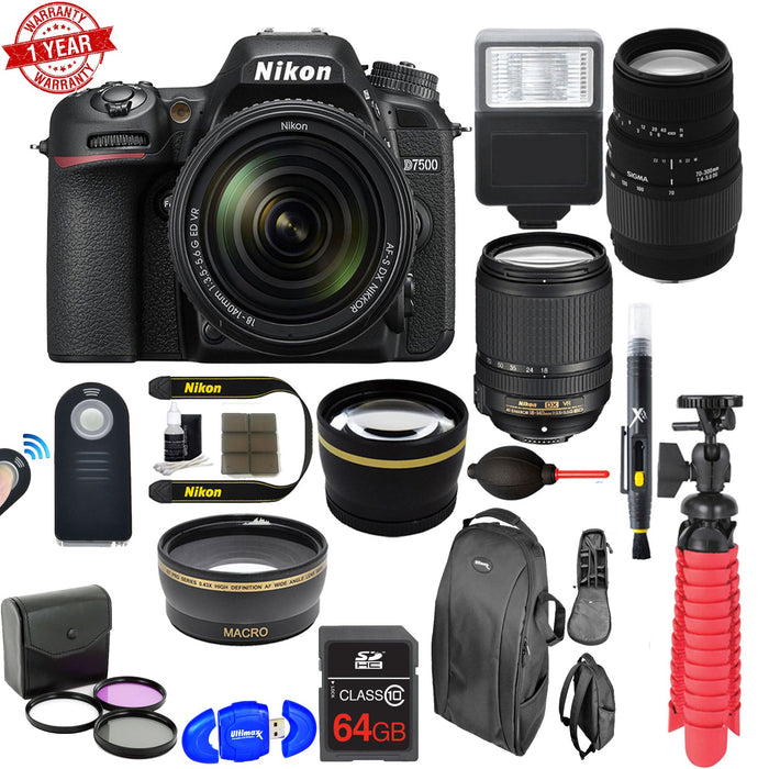 Nikon D7500 DSLR Camera with 18-140mm & 70-300mm Macro Lens Supreme Essential Bundle