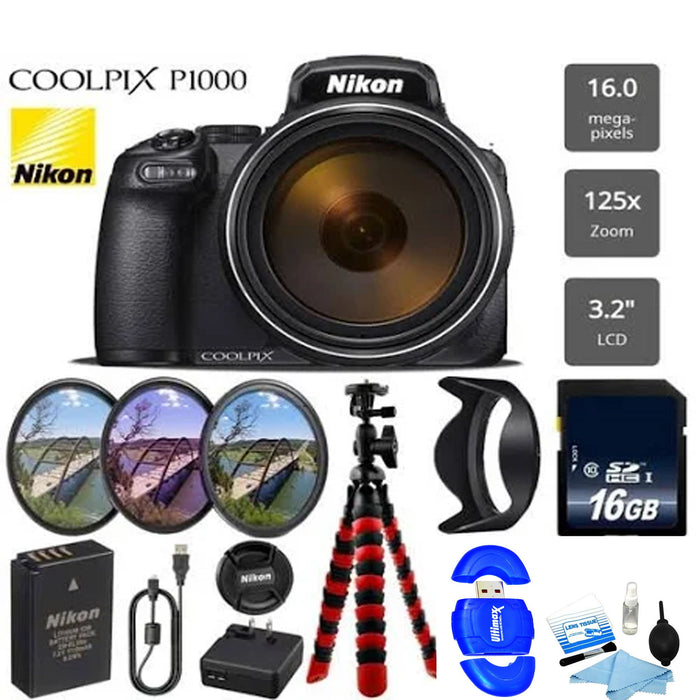 Nikon Coolpix P1000 16MP 125x Super-Zoom Digital Camera + 16GB & Additional Accessories Bundle Package