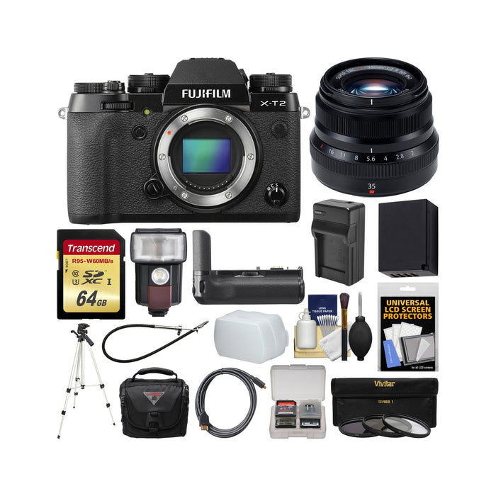 Fujifilm X-T2 4K Wi-Fi Digital Camera Body with 35mm f/2.0 XF R wr Lens & VPB-XT2 Grip + 64GB Card + Case + Flash + Tripod Kit