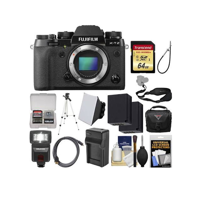 Fujifilm X-T2 4K Wi-Fi Digital Camera Body with 64GB Card + Case + Flash + Batteries & Charger + Tripod + Kit